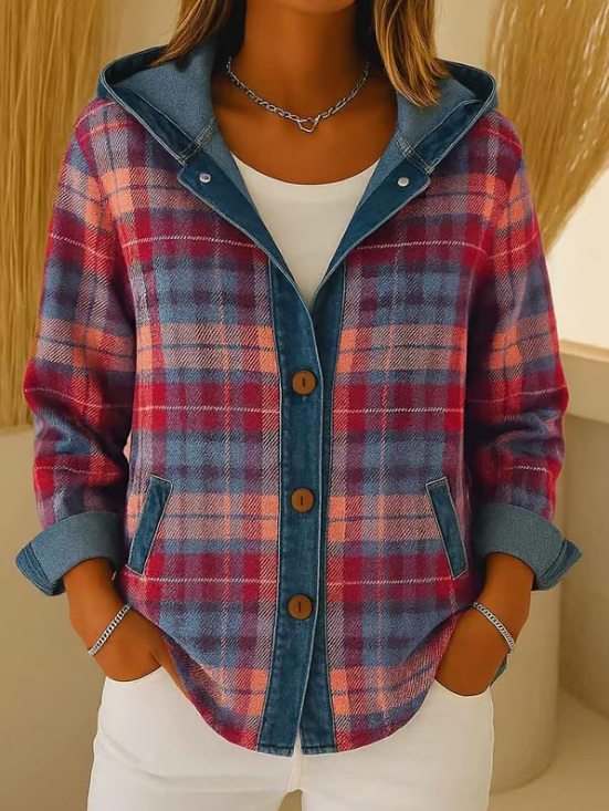 Briella – Contrast Check Hooded Denim Jacket